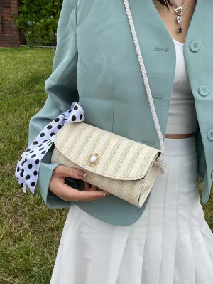 Faux Pearl Decor Woven Shoulder Bag