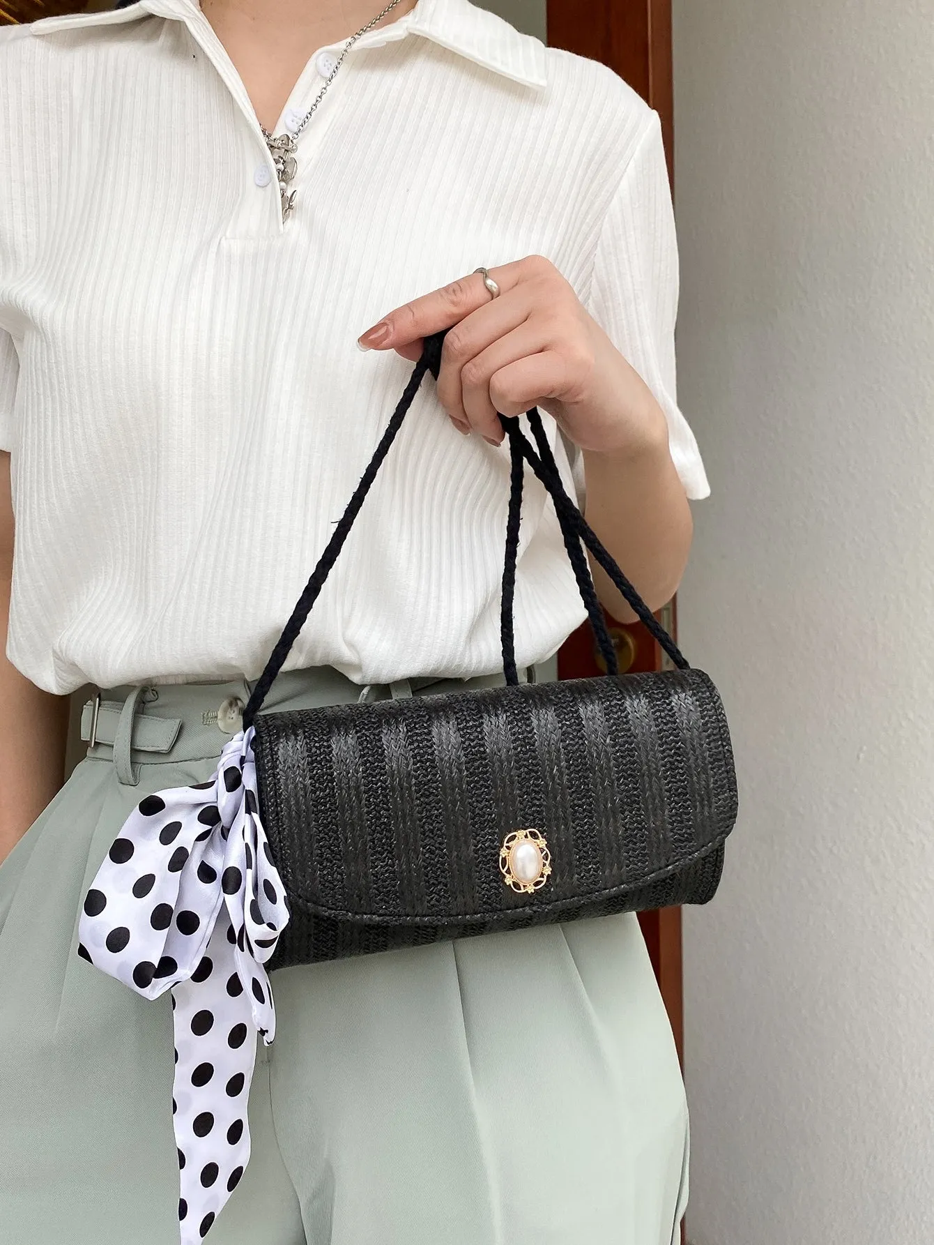 Faux Pearl Decor Woven Shoulder Bag