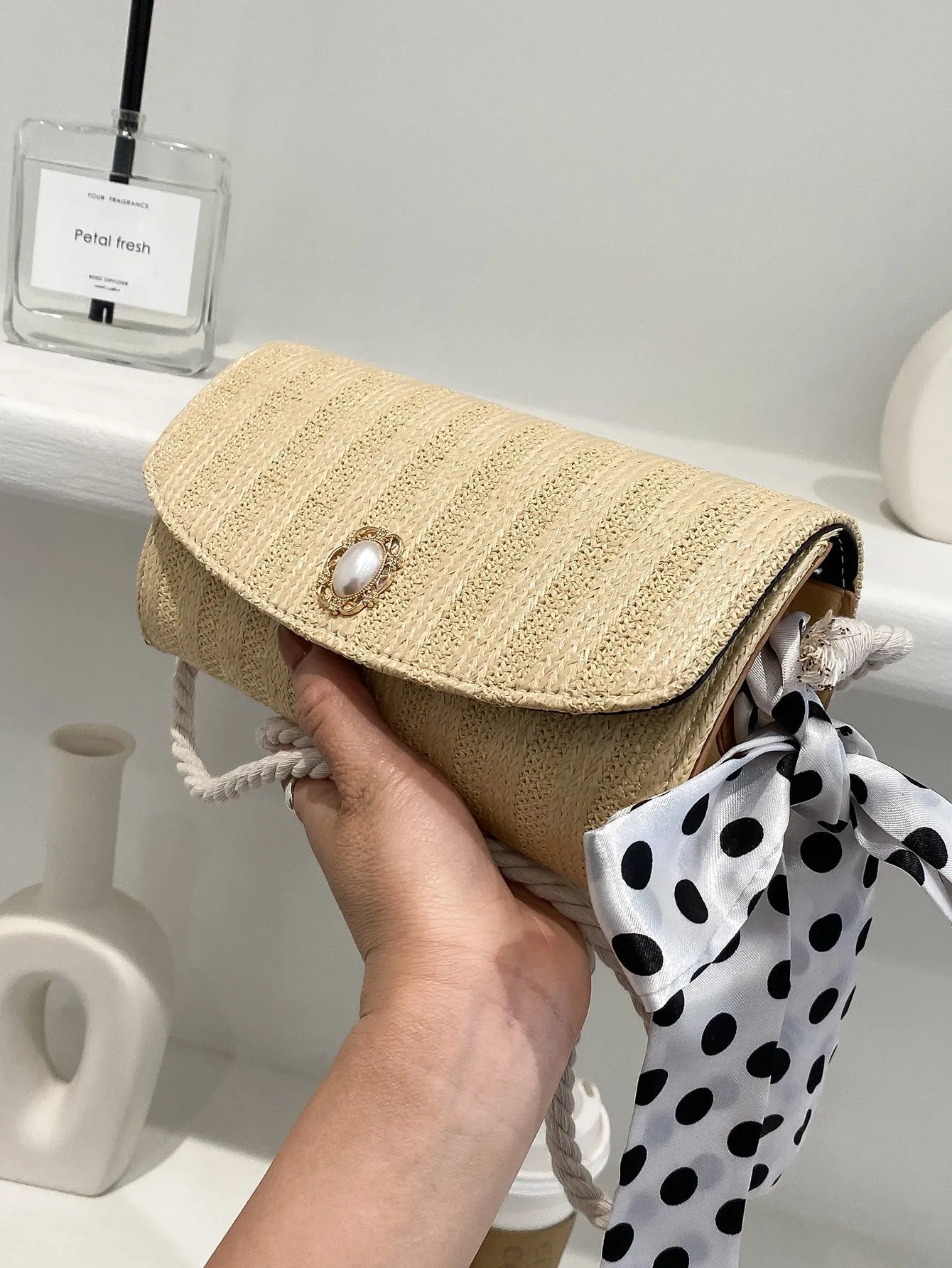 Faux Pearl Decor Woven Shoulder Bag