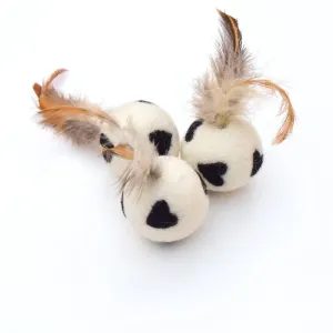 Feather Cat Balls with Black Hearts - Set of 3