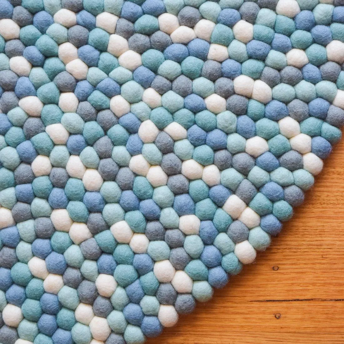 Felt Ball Rug - Blue, White and Grey 100cm