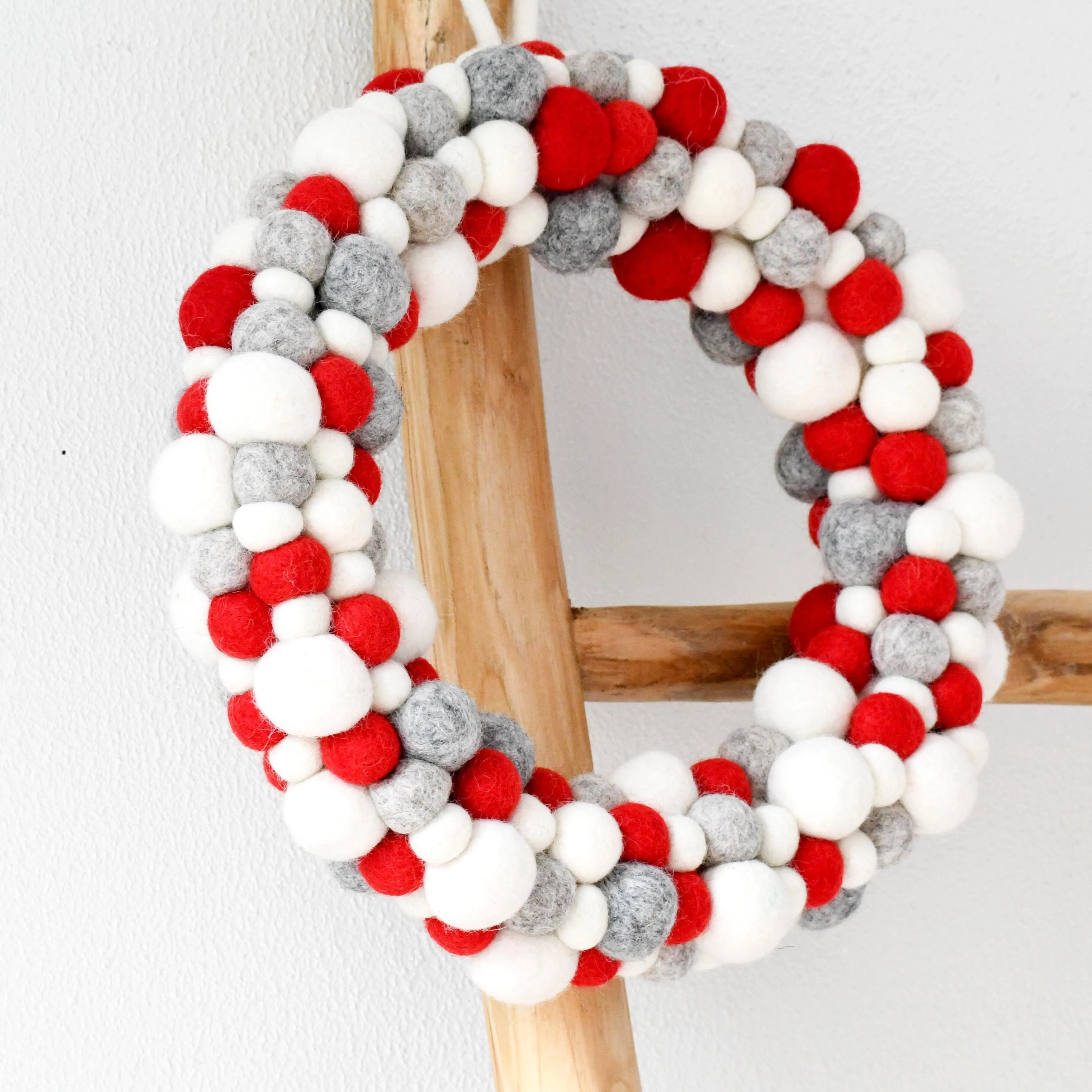Felt Ball Wreath - Grey, White and Red