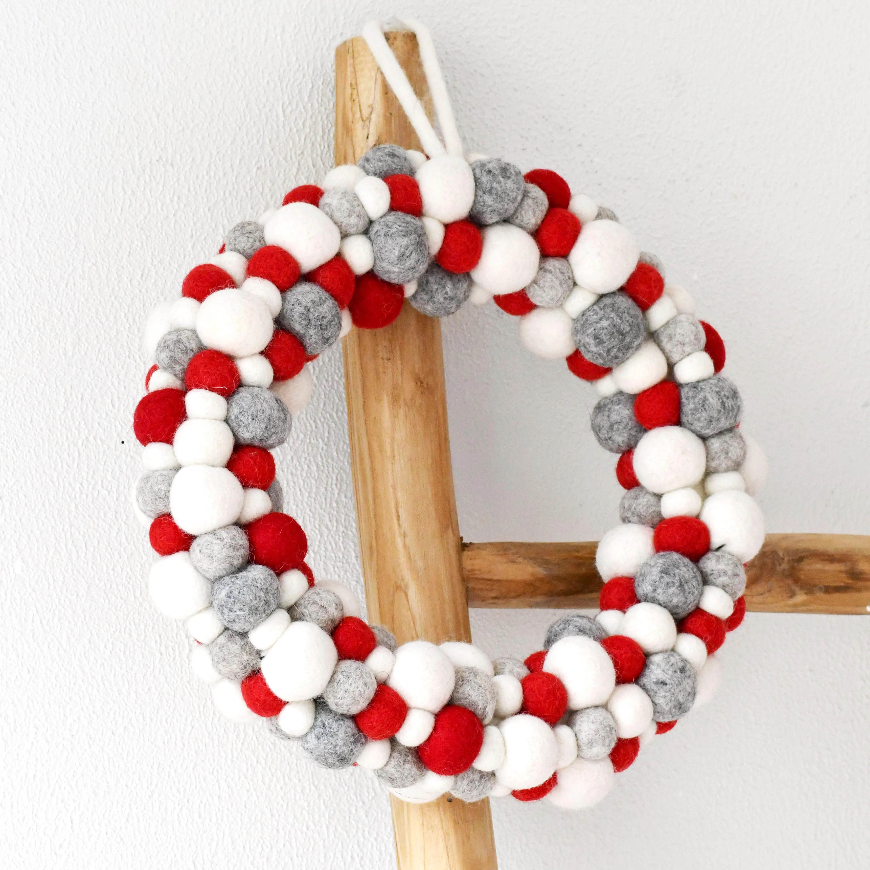 Felt Ball Wreath - Grey, White and Red