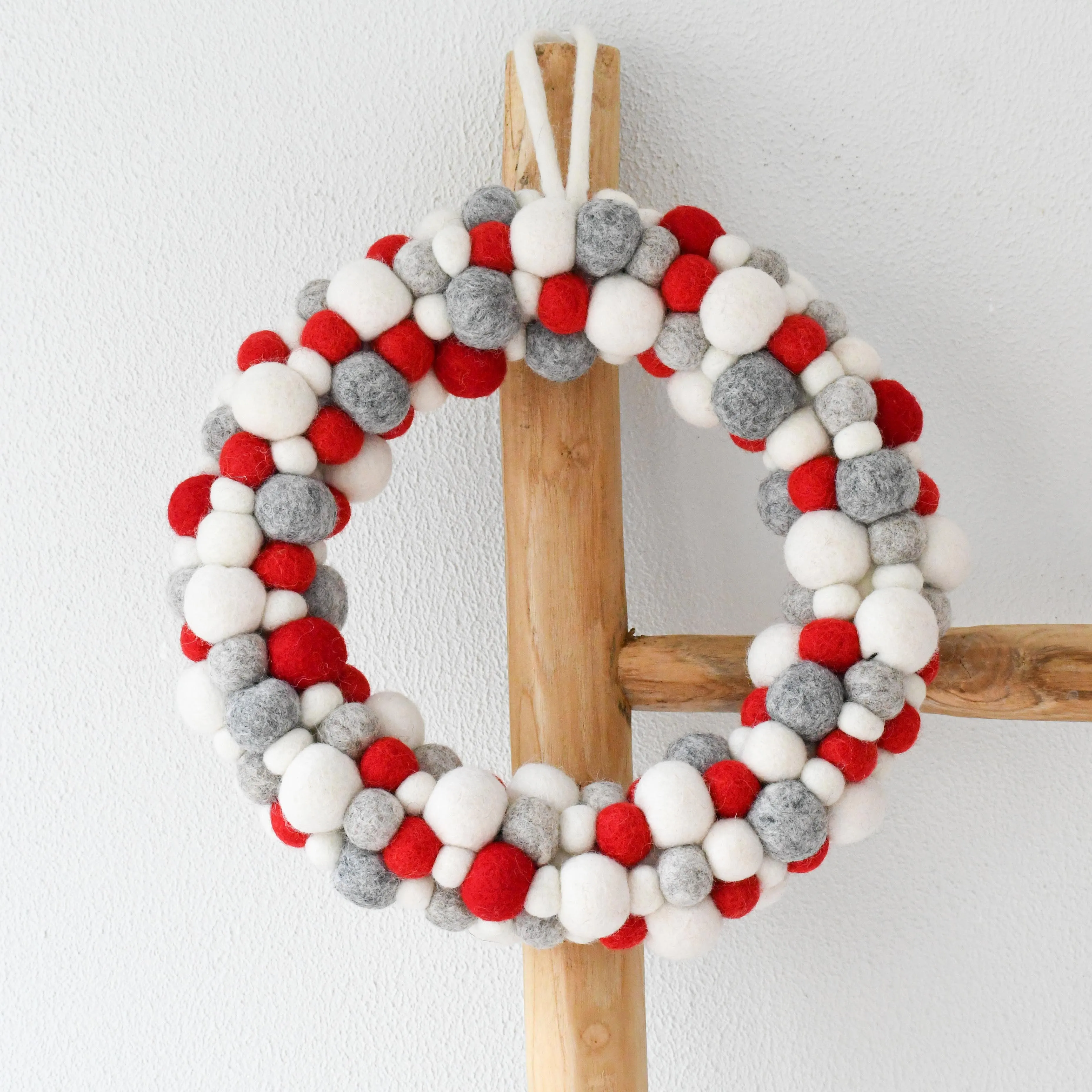 Felt Ball Wreath - Grey, White and Red
