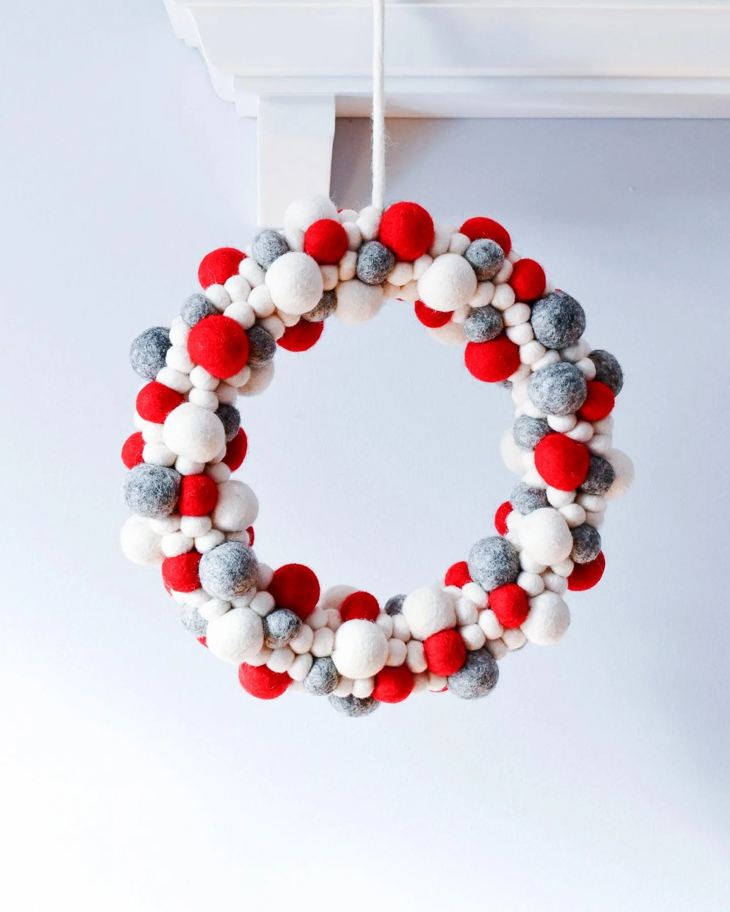 Felt Ball Wreath - Grey, White and Red