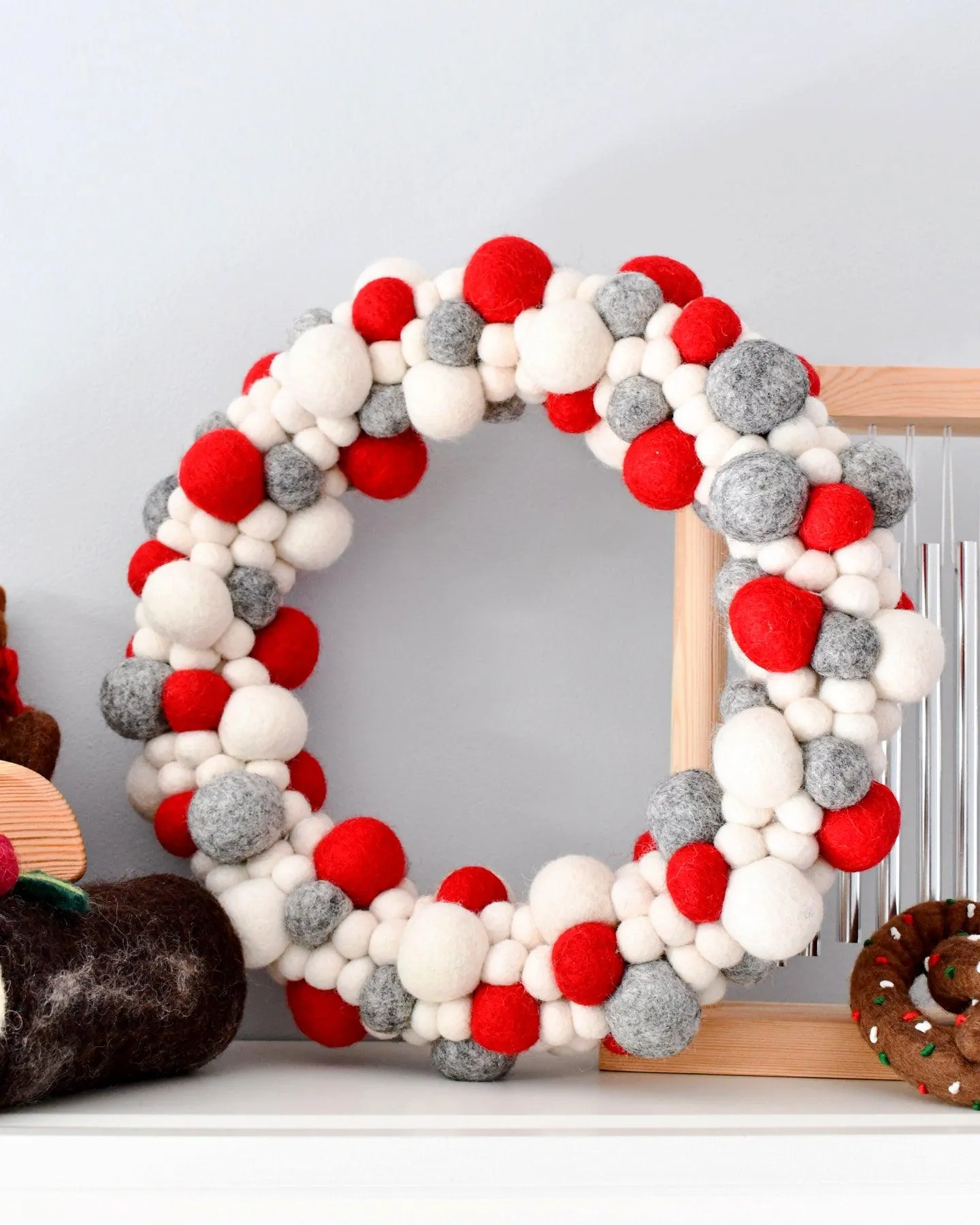 Felt Ball Wreath - Grey, White and Red
