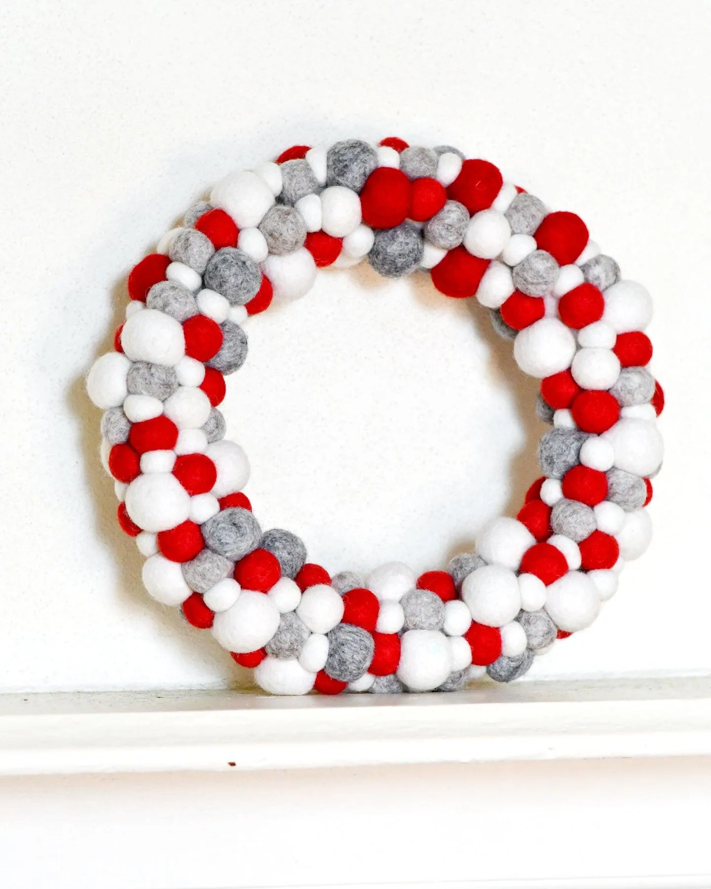 Felt Ball Wreath - Grey, White and Red