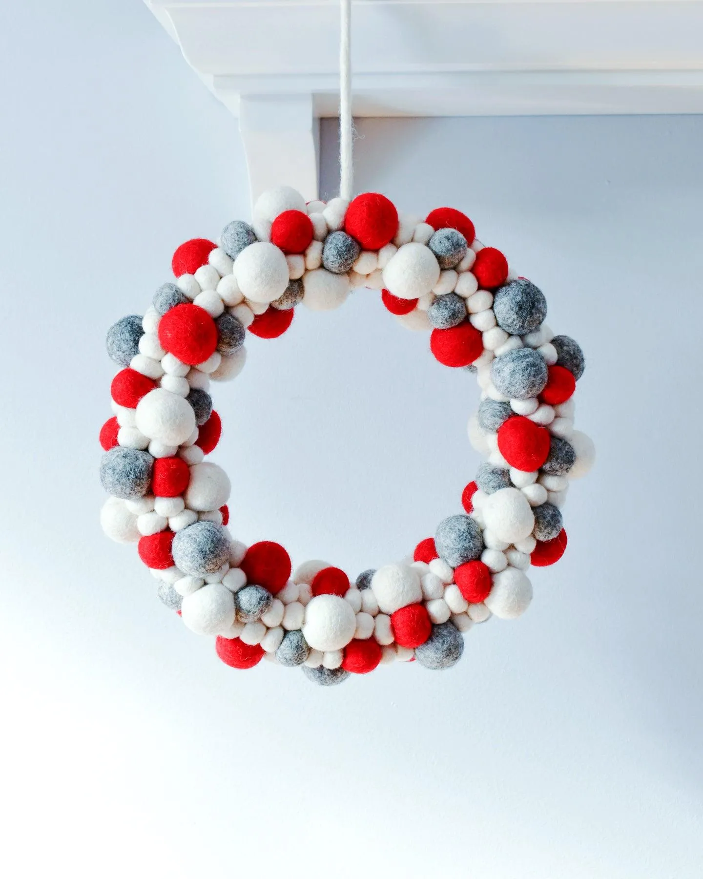 Felt Ball Wreath - Grey, White and Red