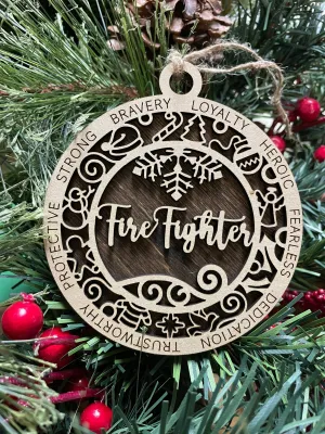 Firefighter Christmas Ornament, Wood Ornament, Holiday Christmas Gift, Laser Cut Engraved