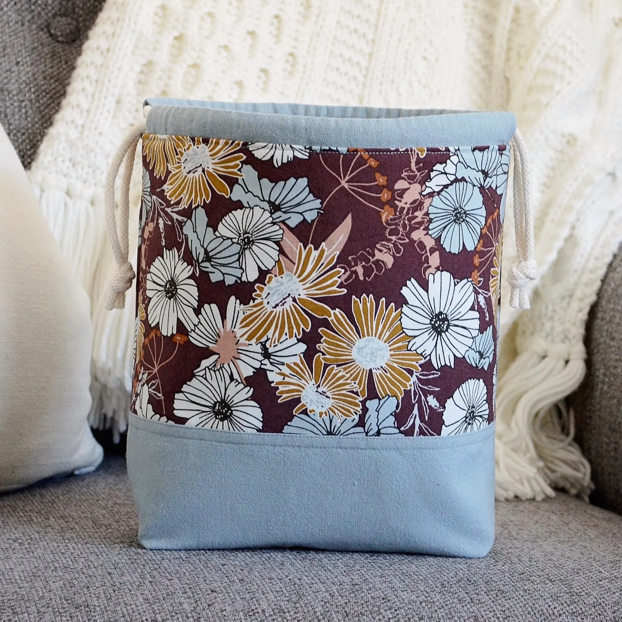 Floral Cotton and Linen Project Bag with Pockets