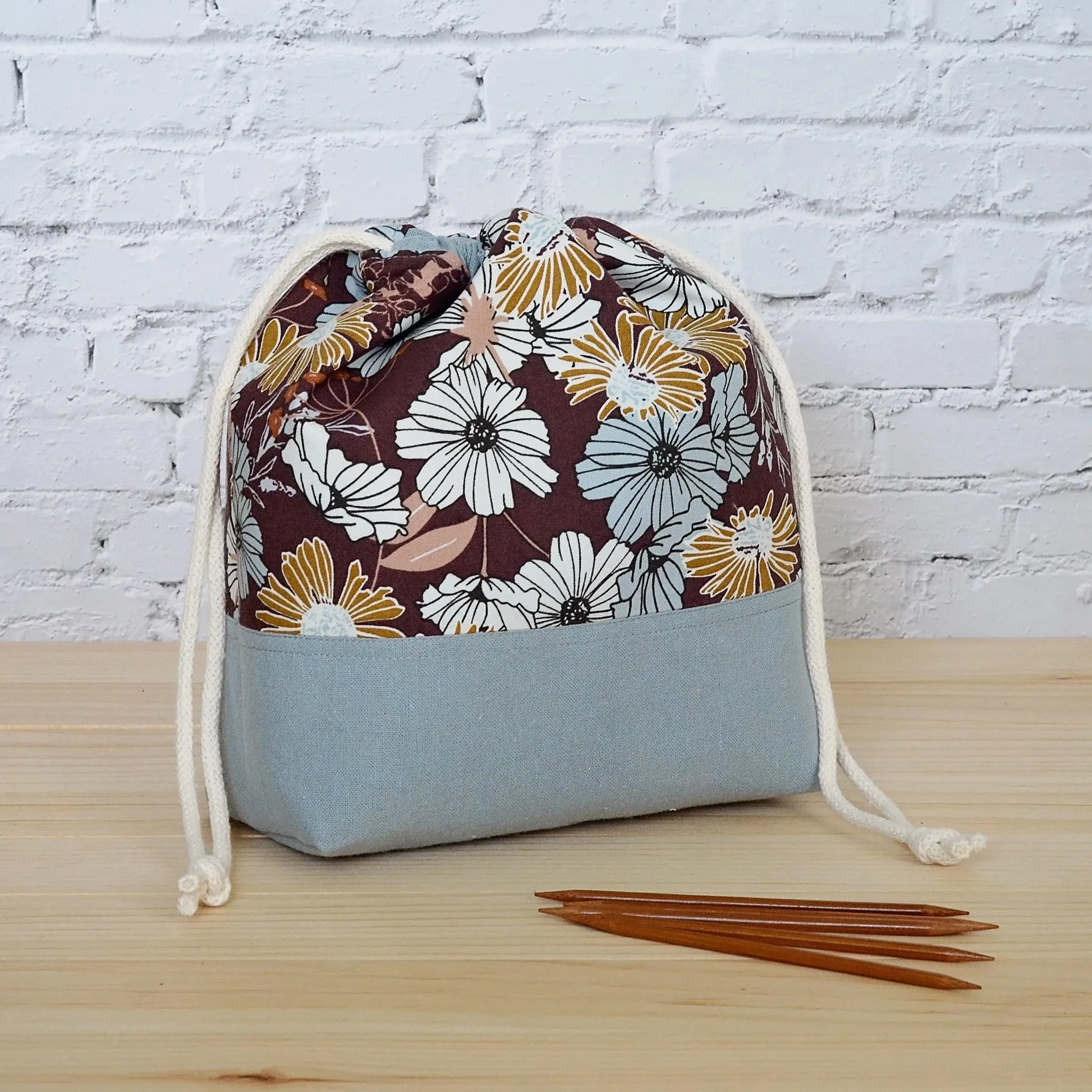Floral Cotton and Linen Project Bag with Pockets