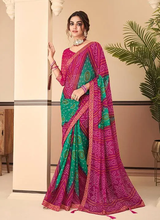 Graceful Pink & Sky Blue Bandhani Chiffon Saree