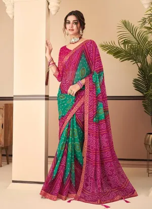 Graceful Pink & Sky Blue Bandhani Chiffon Saree