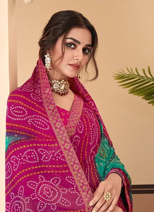 Graceful Pink & Sky Blue Bandhani Chiffon Saree