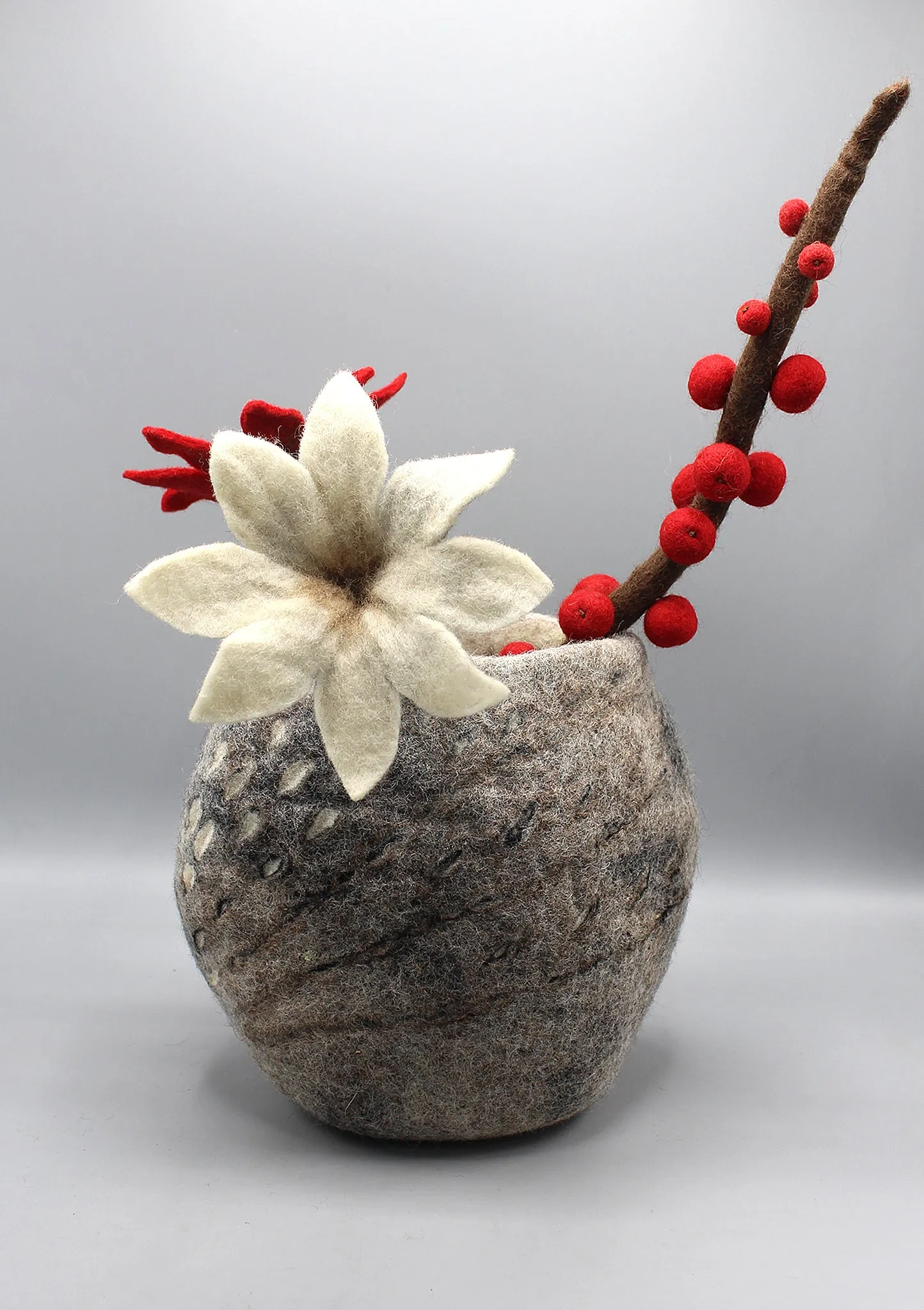 Grey Felt Flower Vase and Three Colorful Flowers