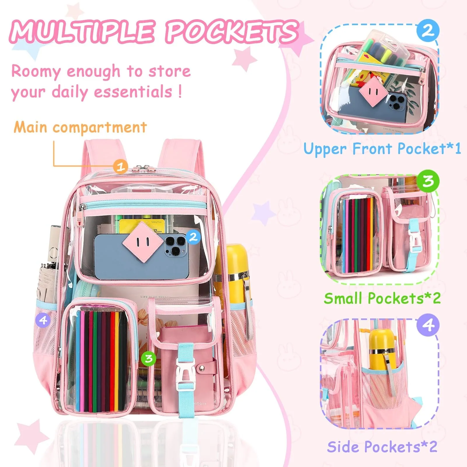 Kids Clear School Backpacks -Black Pink Blue Book Bags For Boys Girls Lightweight DurableTransparent Backpack