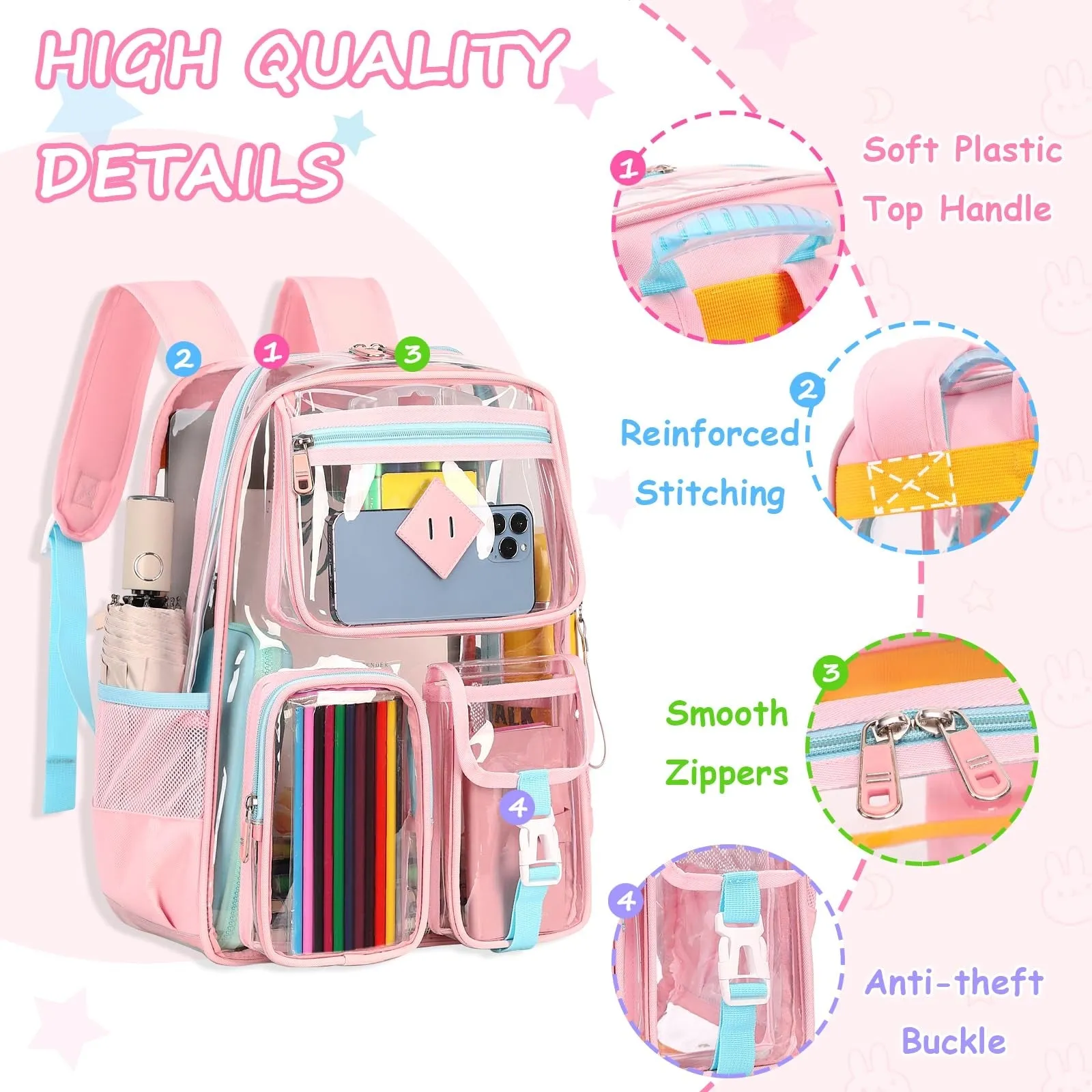 Kids Clear School Backpacks -Black Pink Blue Book Bags For Boys Girls Lightweight DurableTransparent Backpack