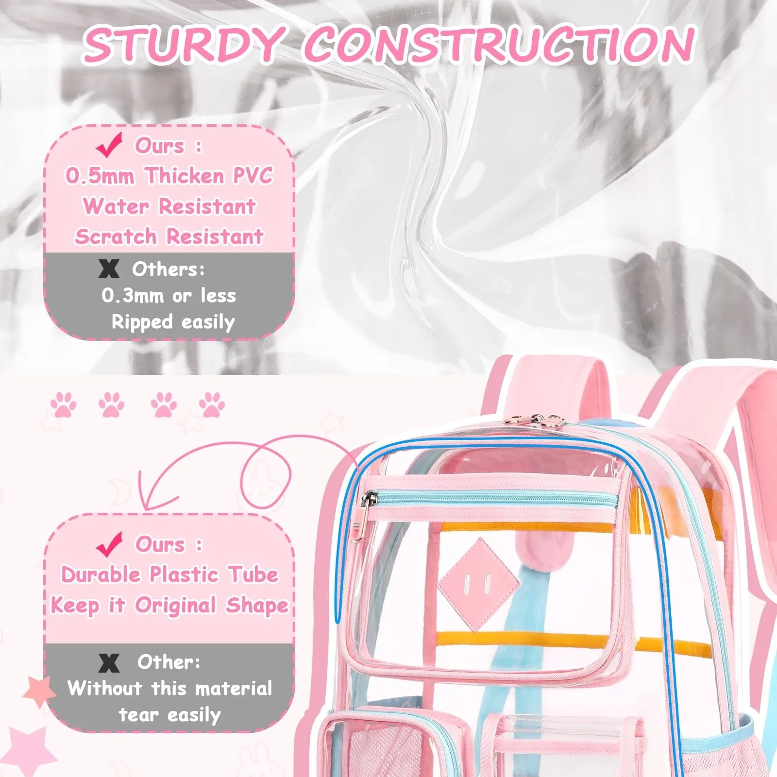 Kids Clear School Backpacks -Black Pink Blue Book Bags For Boys Girls Lightweight DurableTransparent Backpack