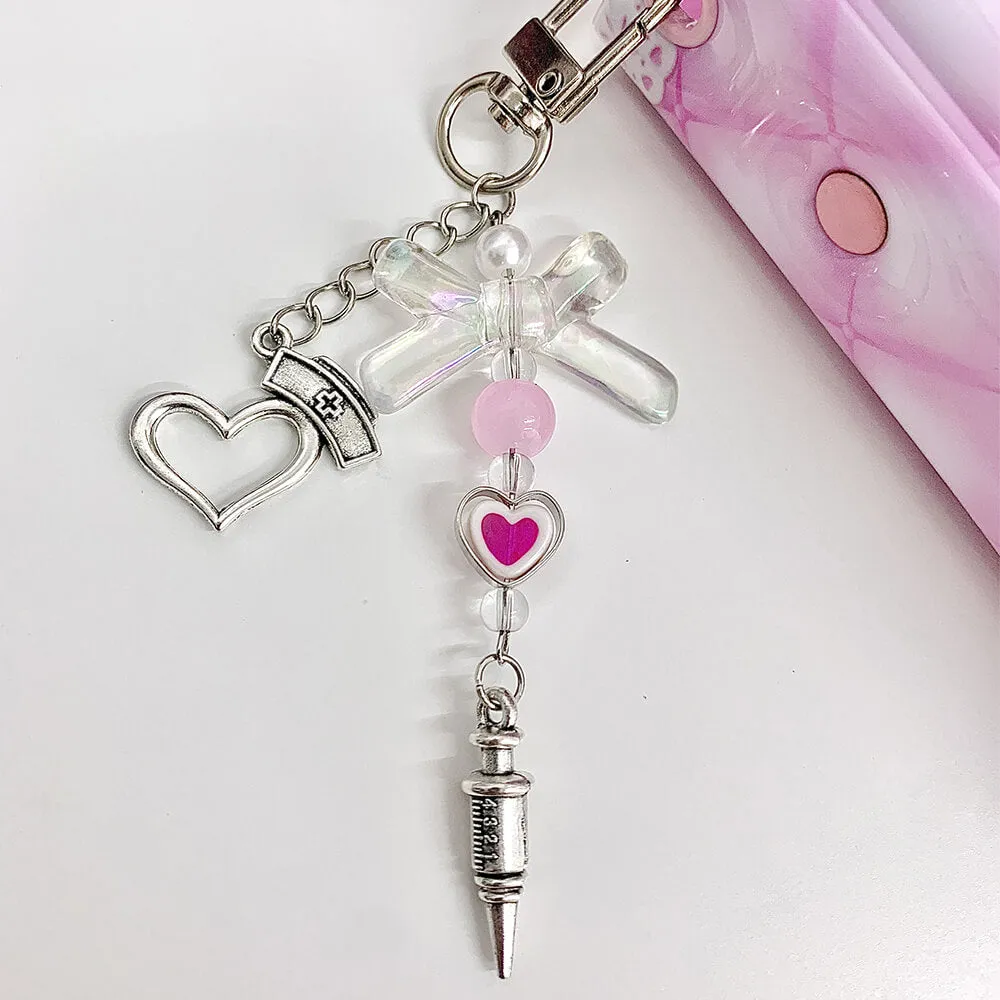 Nurse Cap and Syringe Bow Keychain