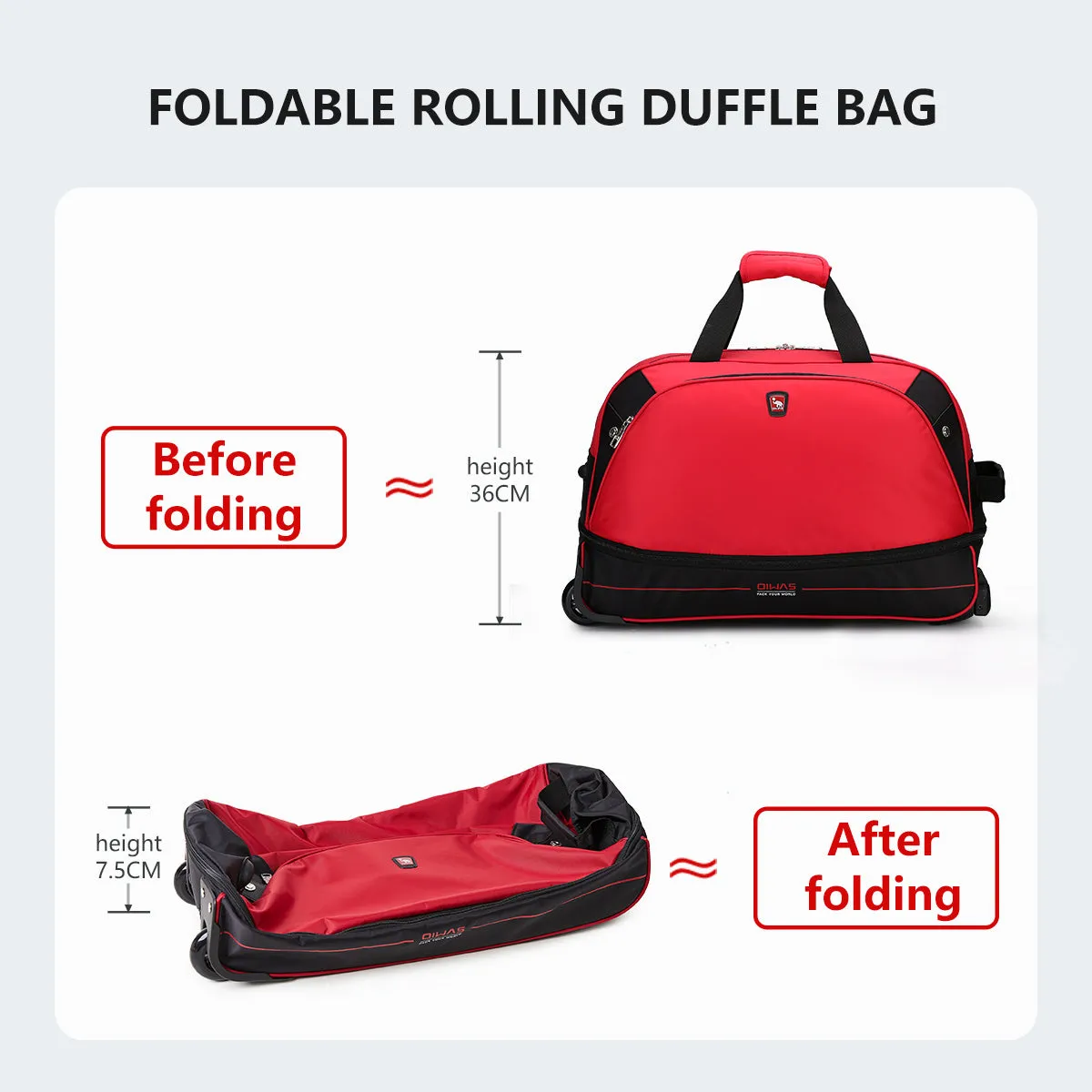 OIWAS Rolling Duffle Bag Carry On Luggage with Wheels