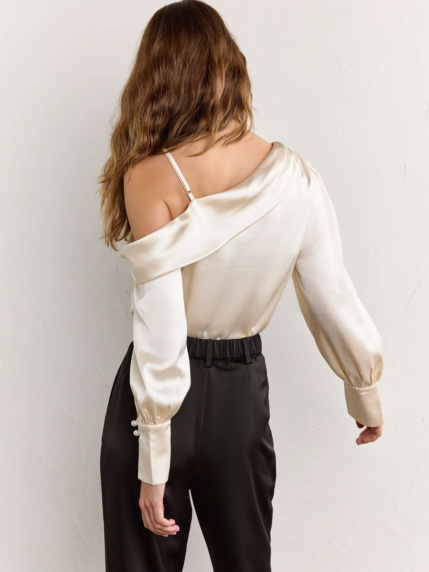 One-Shoulder Satin Long Sleeve Blouse - Fate