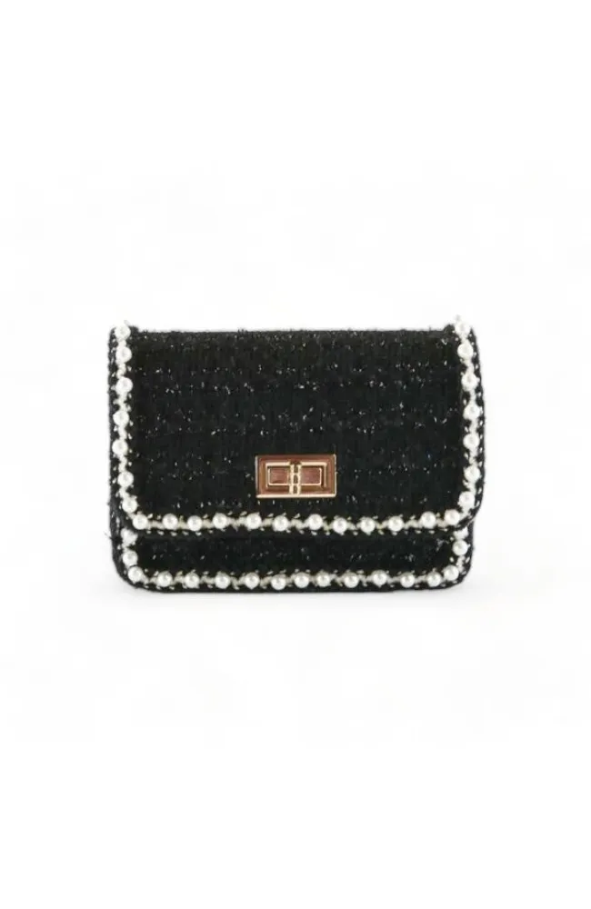 Pearl Trim Tweed Purse in Black