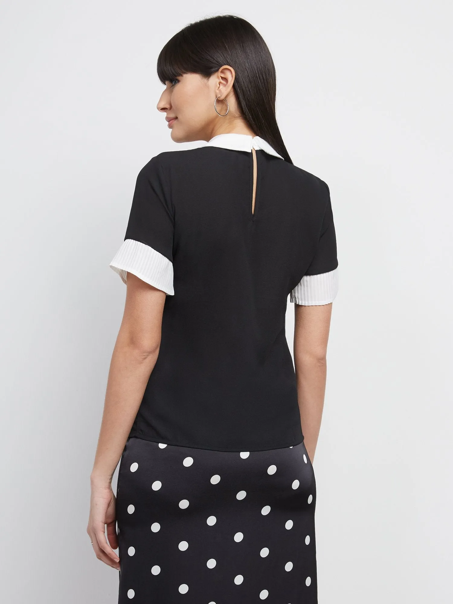 Pleated-Sleeve Collared Top