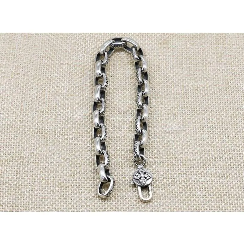 Pure Solid Silver 925 Tibetan Letters Cool Mens Bracelet Vintage Simple Chain Bracelet Sterling Silver Mens Jewelry Thai Silver