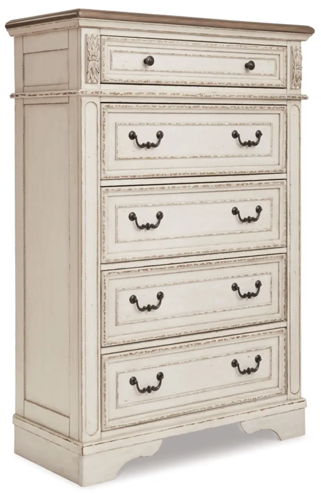 Realyn Queen Upholstered Panel Bed with Mirrored Dresser, Chest and Nightstand