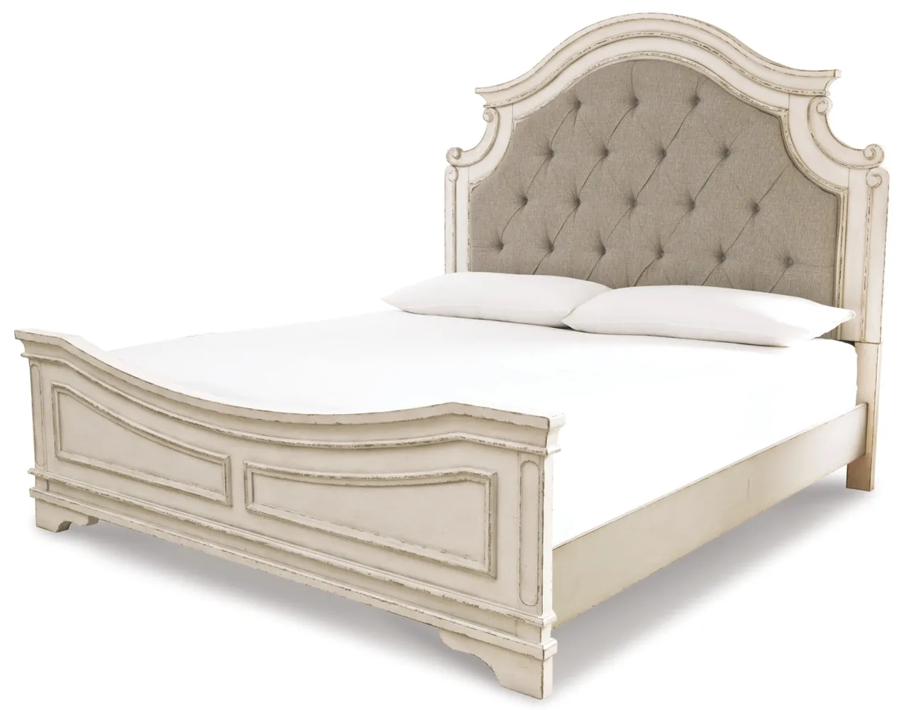 Realyn Queen Upholstered Panel Bed with Mirrored Dresser, Chest and Nightstand