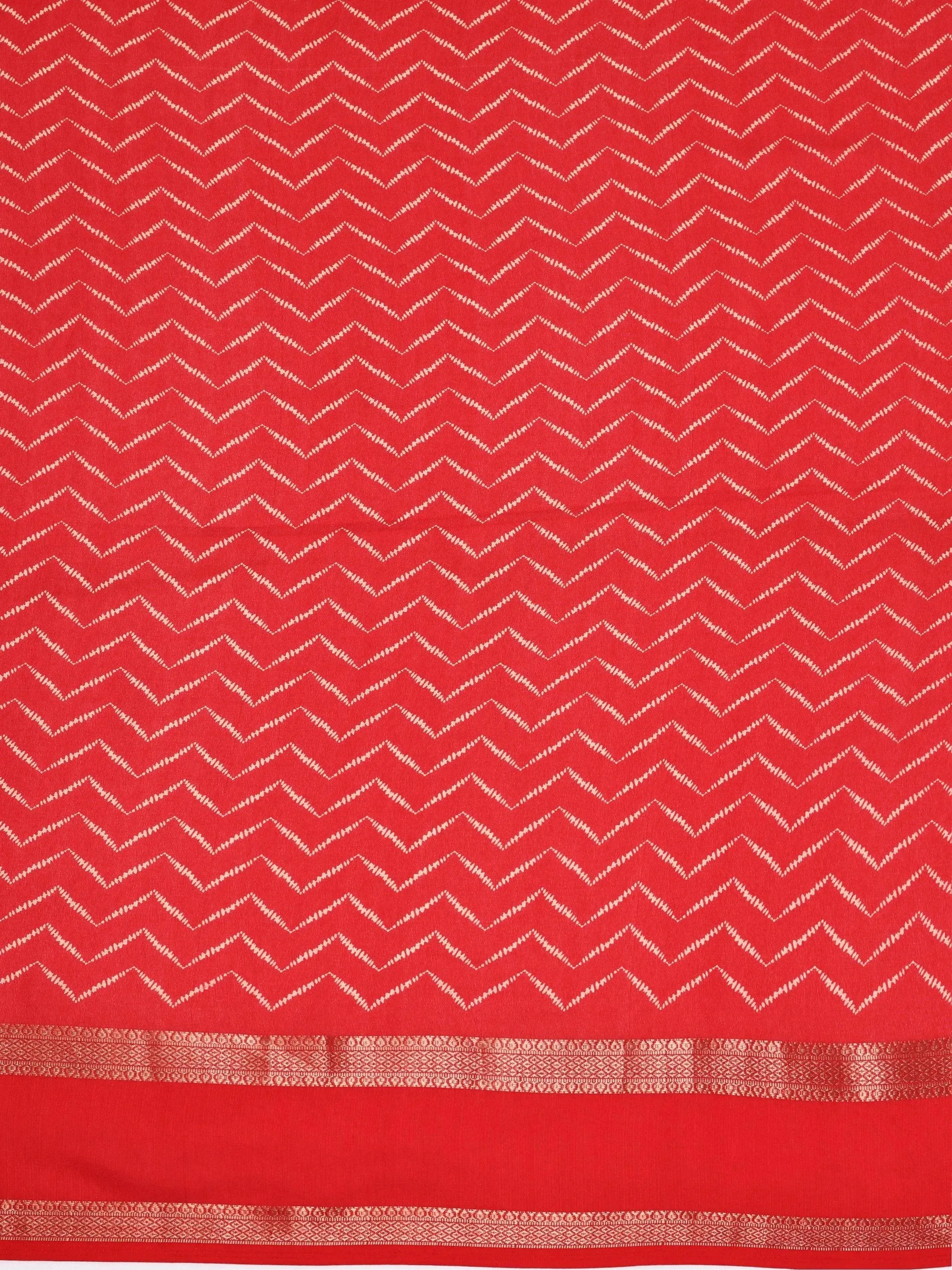 Red Printed Silk Blend Saree With Unstitched Blouse Piece