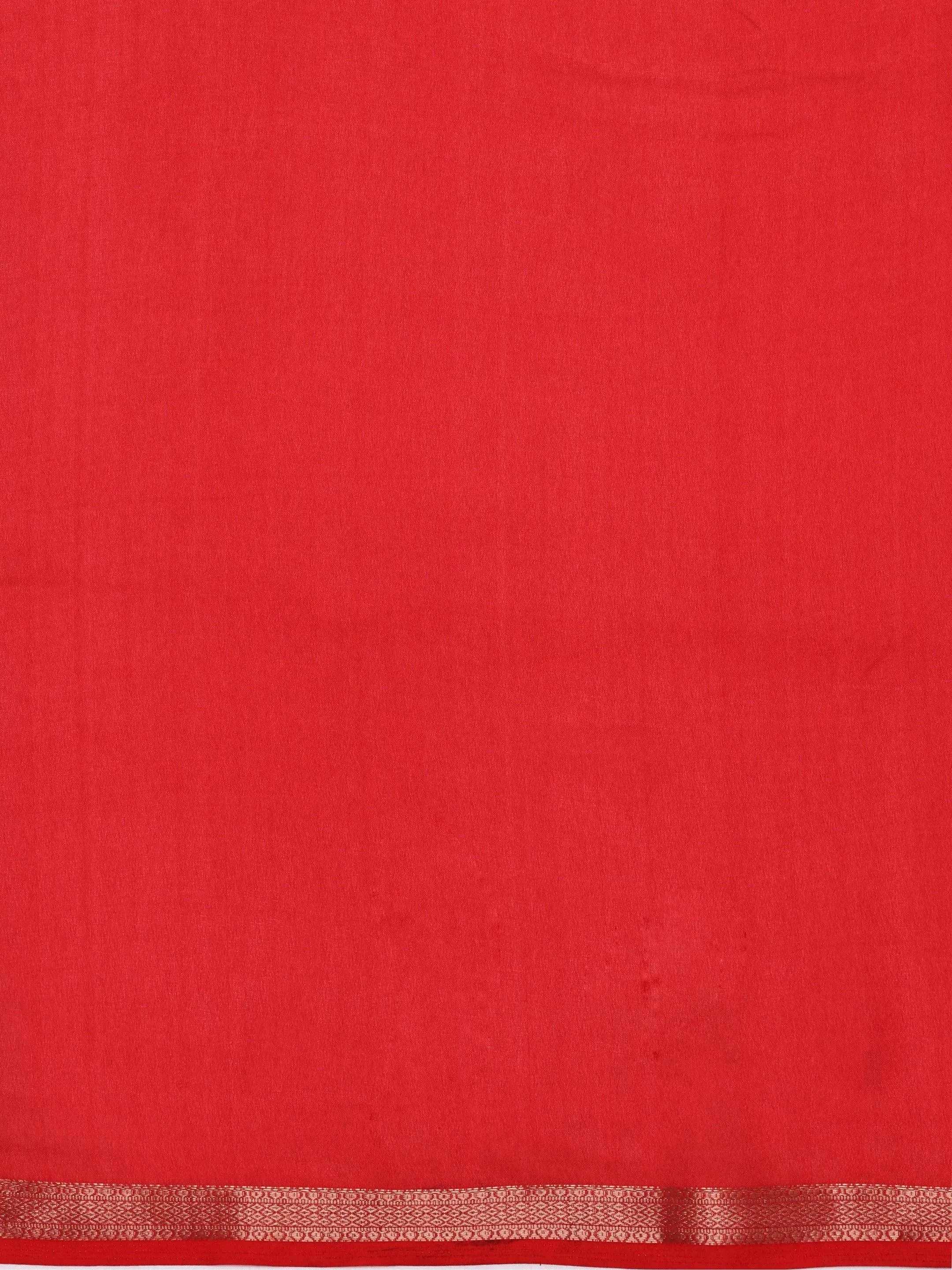 Red Printed Silk Blend Saree With Unstitched Blouse Piece