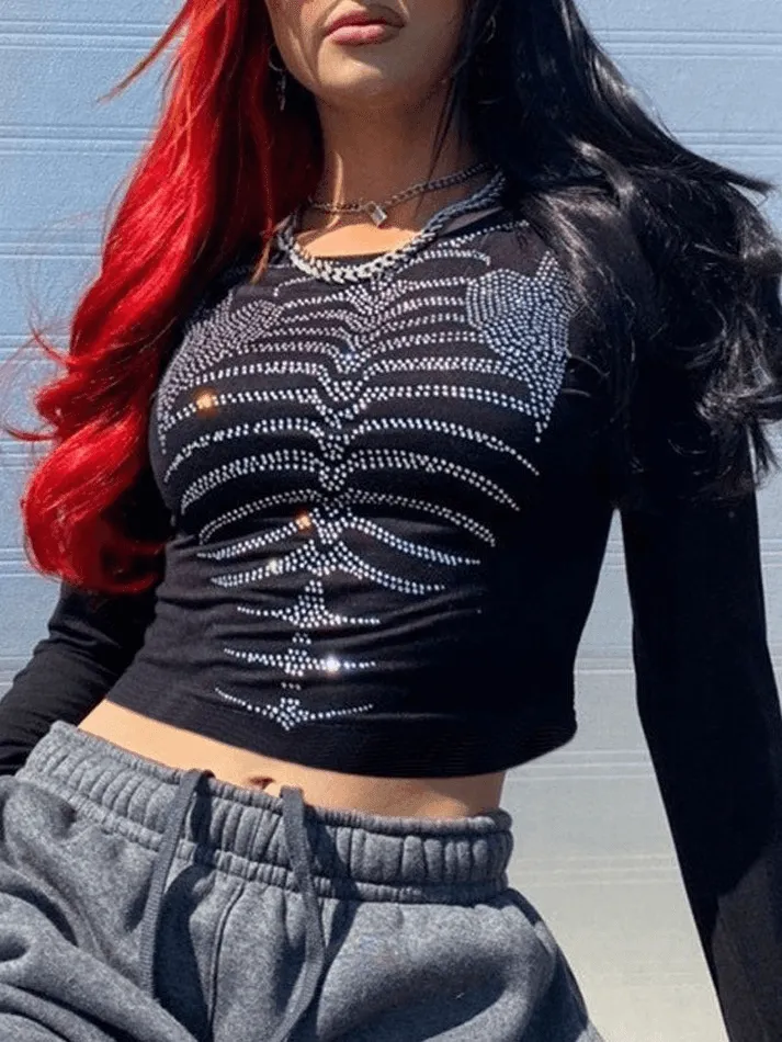 Rhinestone Skull Graceful Black Crop Top
