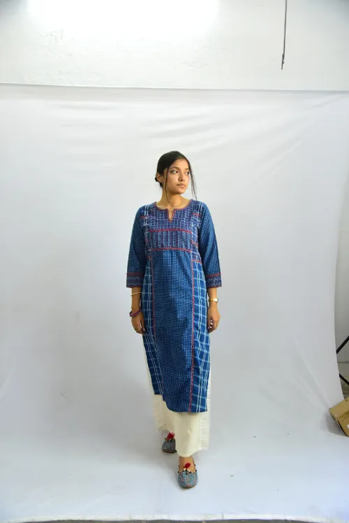 Sadhna ' Aabh' Blue - Tanka And Applique Work Long Cotton Kurta