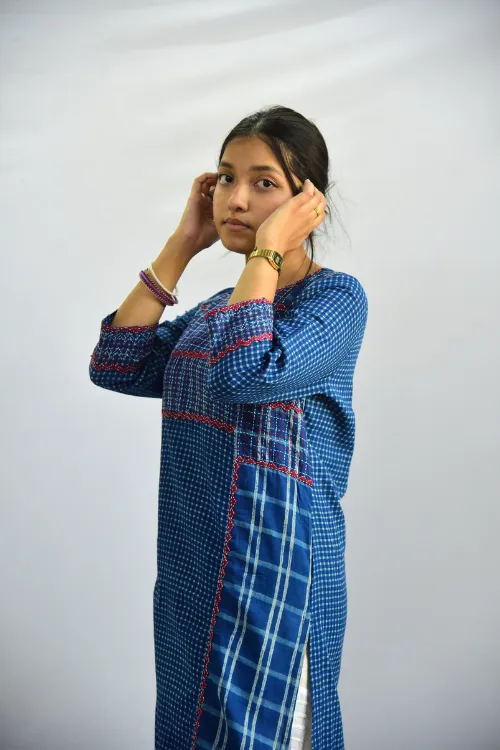 Sadhna ' Aabh' Blue - Tanka And Applique Work Long Cotton Kurta