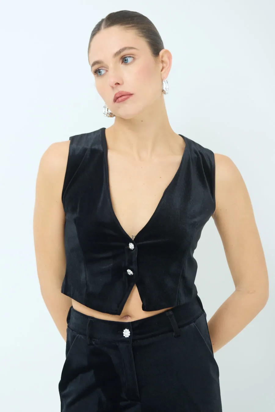 Sleeveless velvet vest with button detail wholesale