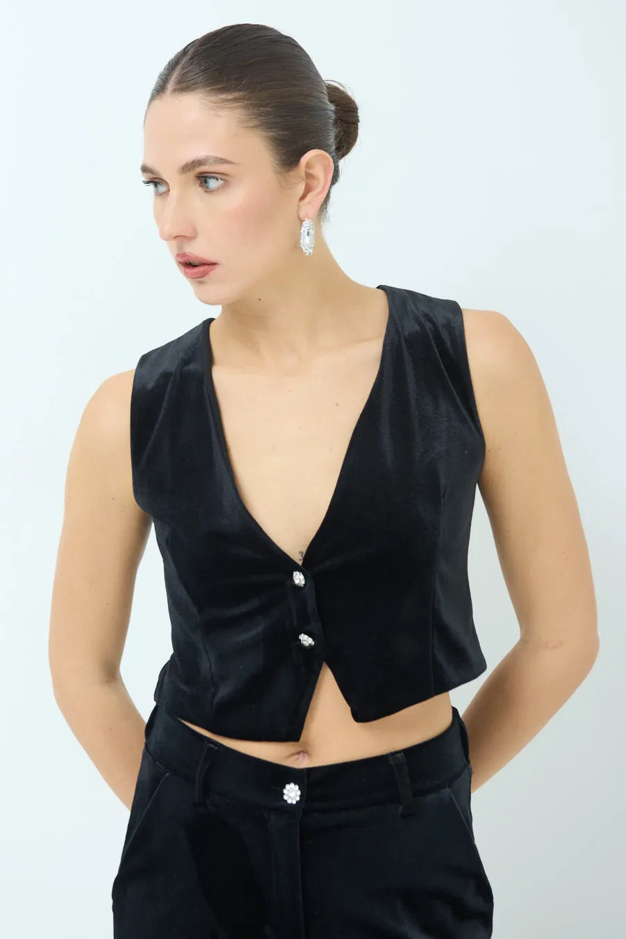 Sleeveless velvet vest with button detail wholesale