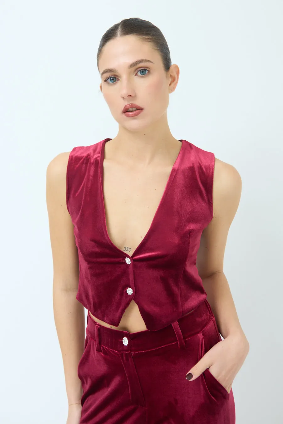 Sleeveless velvet vest with button detail wholesale