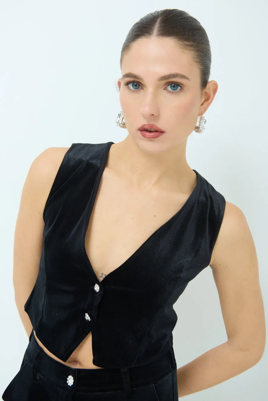 Sleeveless velvet vest with button detail wholesale
