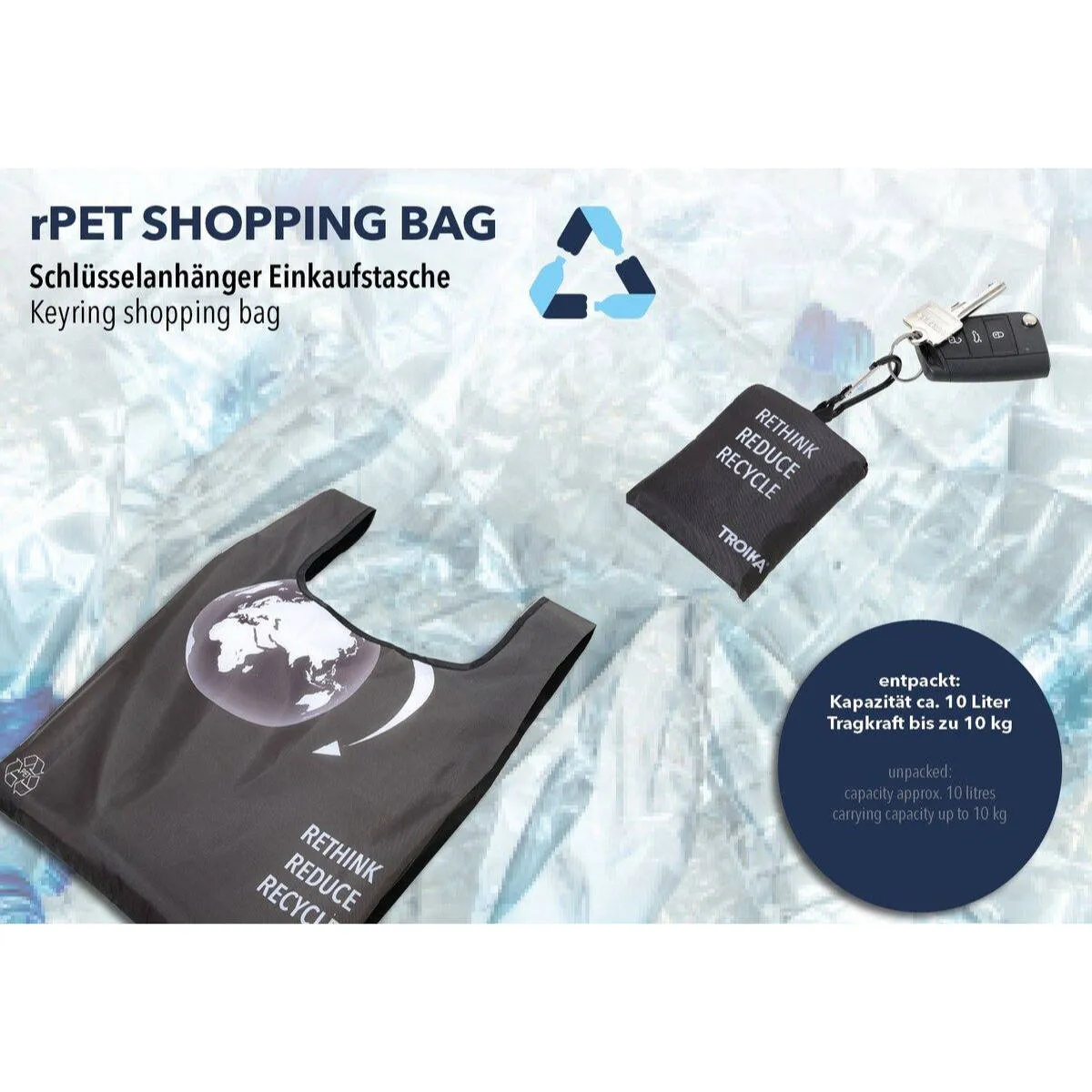 Troika Foldable Reusable rPET Shopping Tote with Carabiner