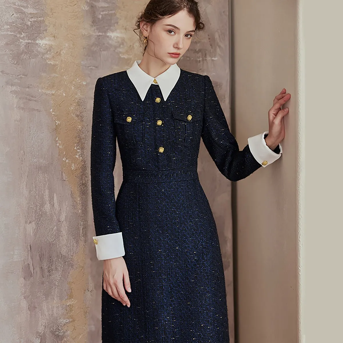 Tweed Knee-Length Navy Dress