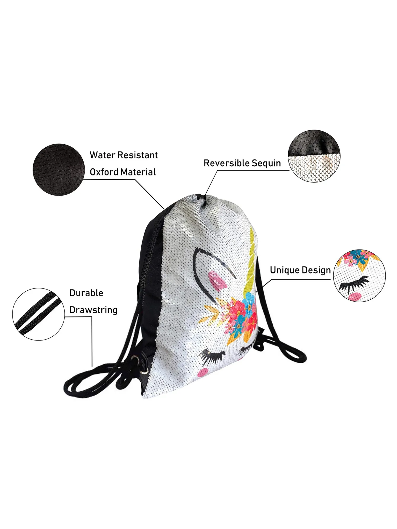 Unicorn Gifts for Girls - Unicorn Drawstring Backpack/Makeup Bag/Bracelet/Inspirational Necklace/Hair Ties (Sequin Unicorn Rainbow)
