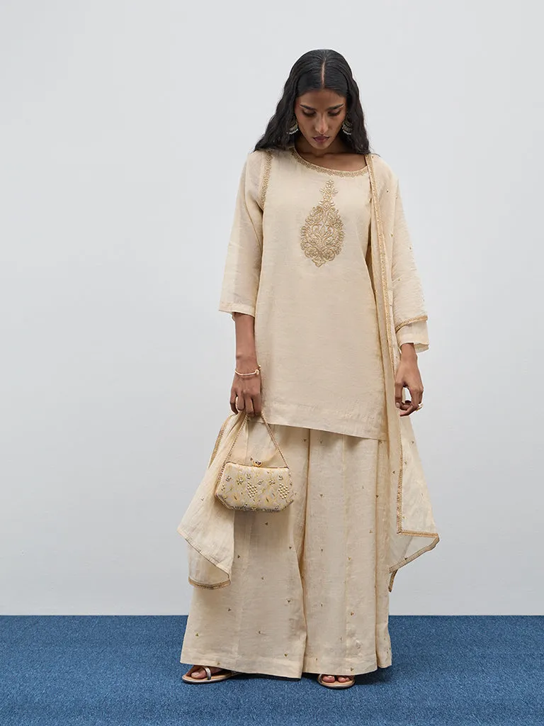 Zuba Beige Blended-Silk Embellished Dupatta